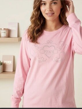Pink Long Sleeve Tee with Rhinestone Heart Design
